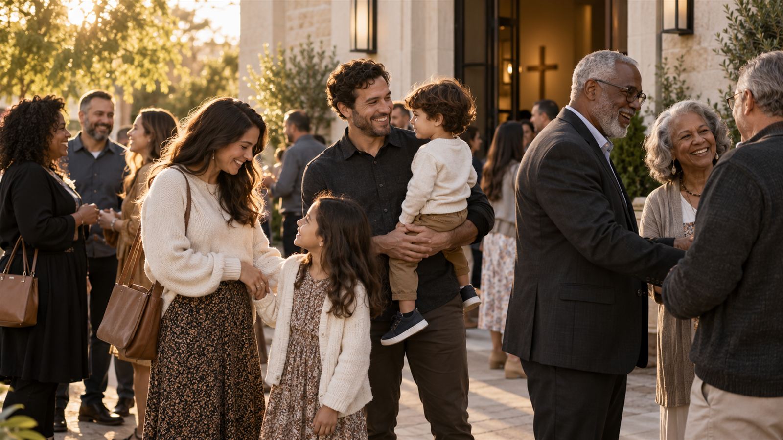Famílias na entrada da igreja